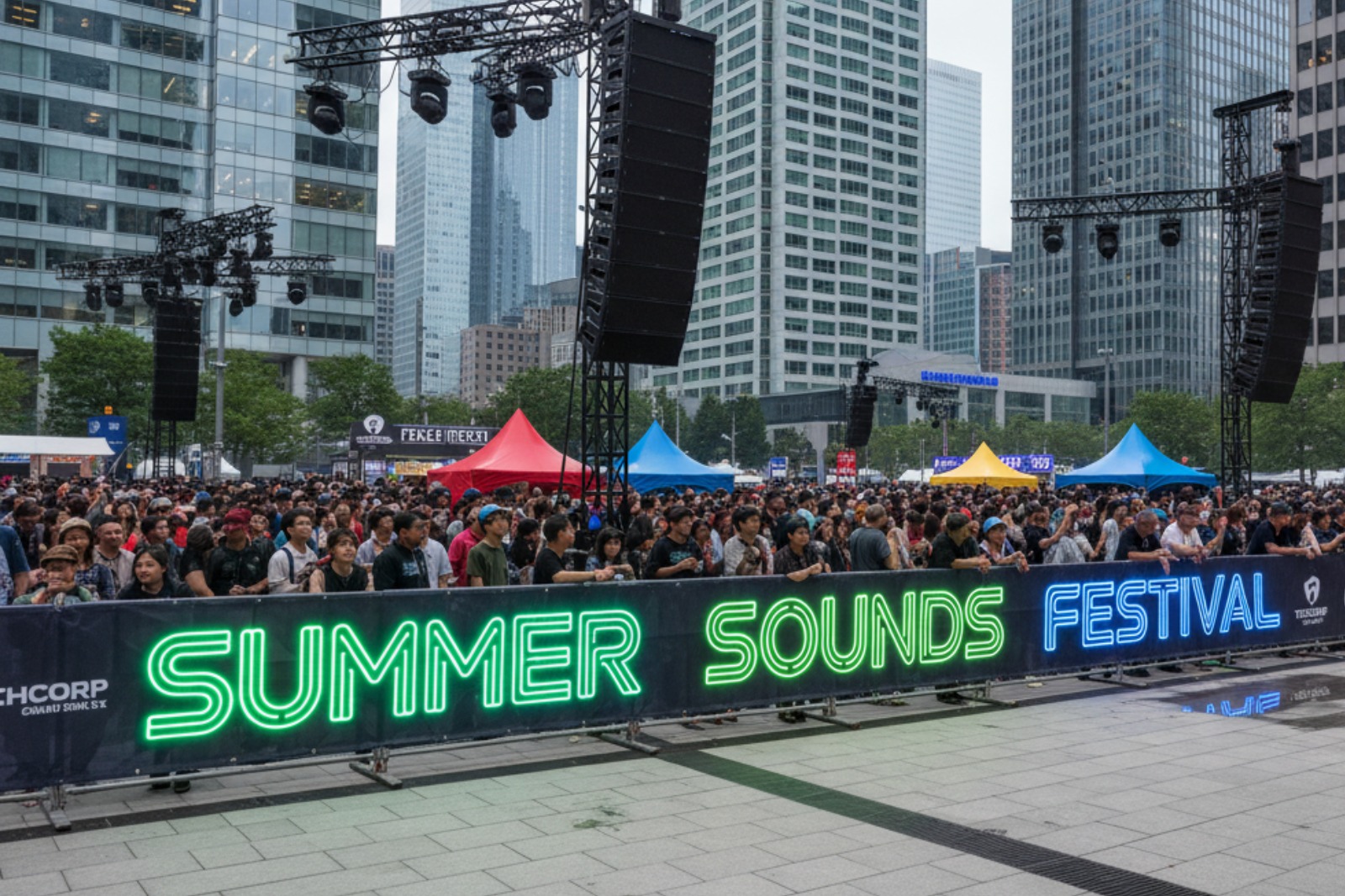 Festival musicale in una grande città con transenne rivestite da banner realizzate con stampa digitale su TNT in bobina con la scritta in verde e blu "Summer Sounds Festival" che riproduce l'effetto neon. Dietro le transenne c'è il pubblico e la piazza è circondata da grattacieli.