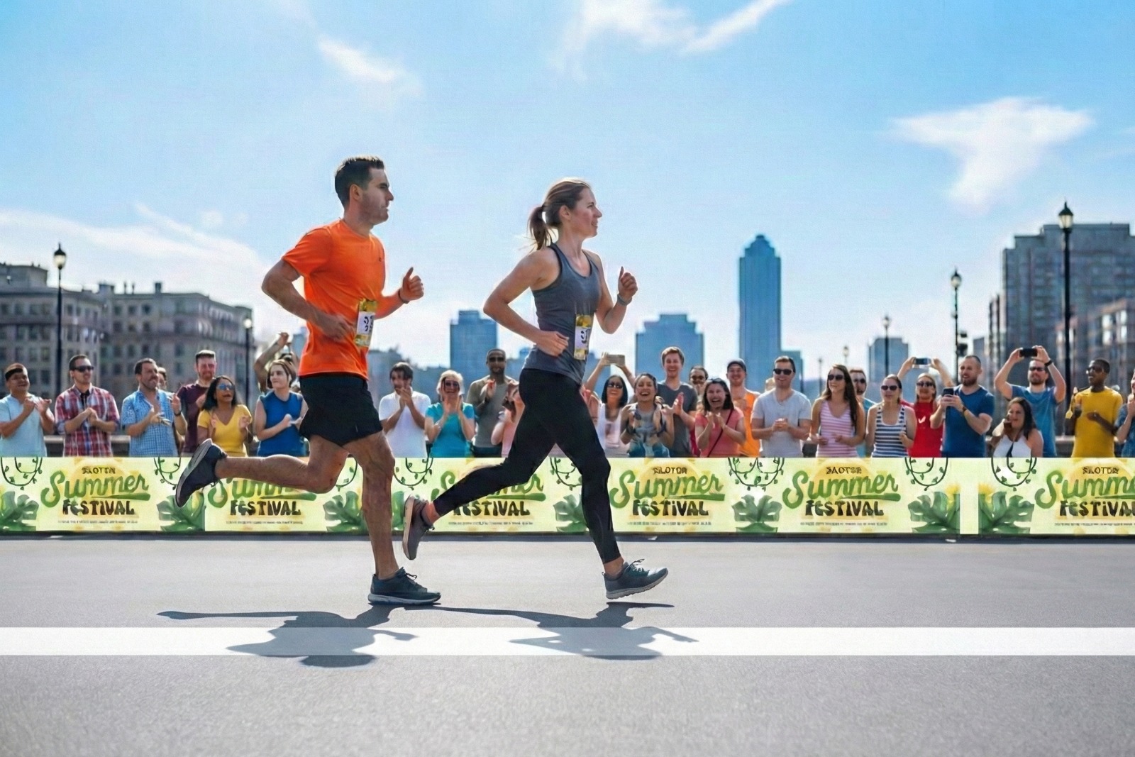 Due corridori durante un evento cittadino con transenne rivestite da banner personalizzati di colore giallo e verde realizzati con stampa su bobine TNT, esempio di bobina in tessuto non tessuto per eventi e promozioni.